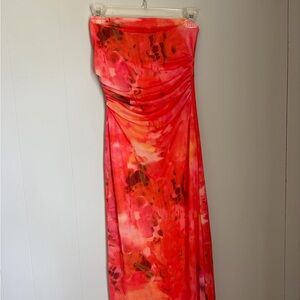 Commense Bright Red Floral Strapless Maxi Dress